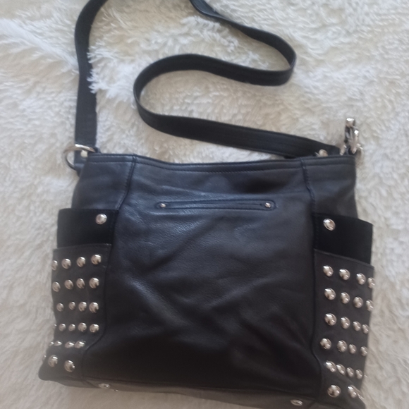 B.MAKOWSKY Leather+Suede Silver Stud Bag. 12 X 14 Animal Print Lining  LIKE NEW - Picture 4 of 11